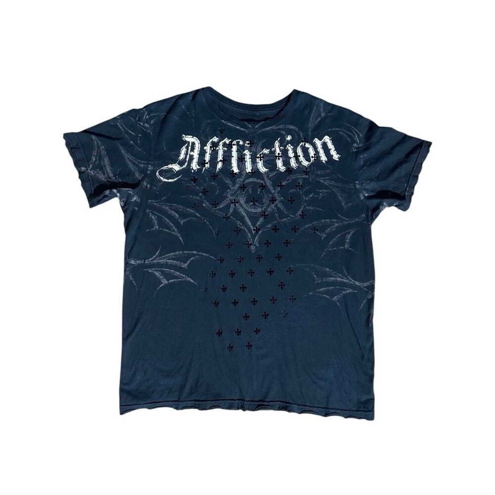 Affliction Shirt L Y2K Grunge Fleur De Lis Gothic Cross Graphic Distressed USA